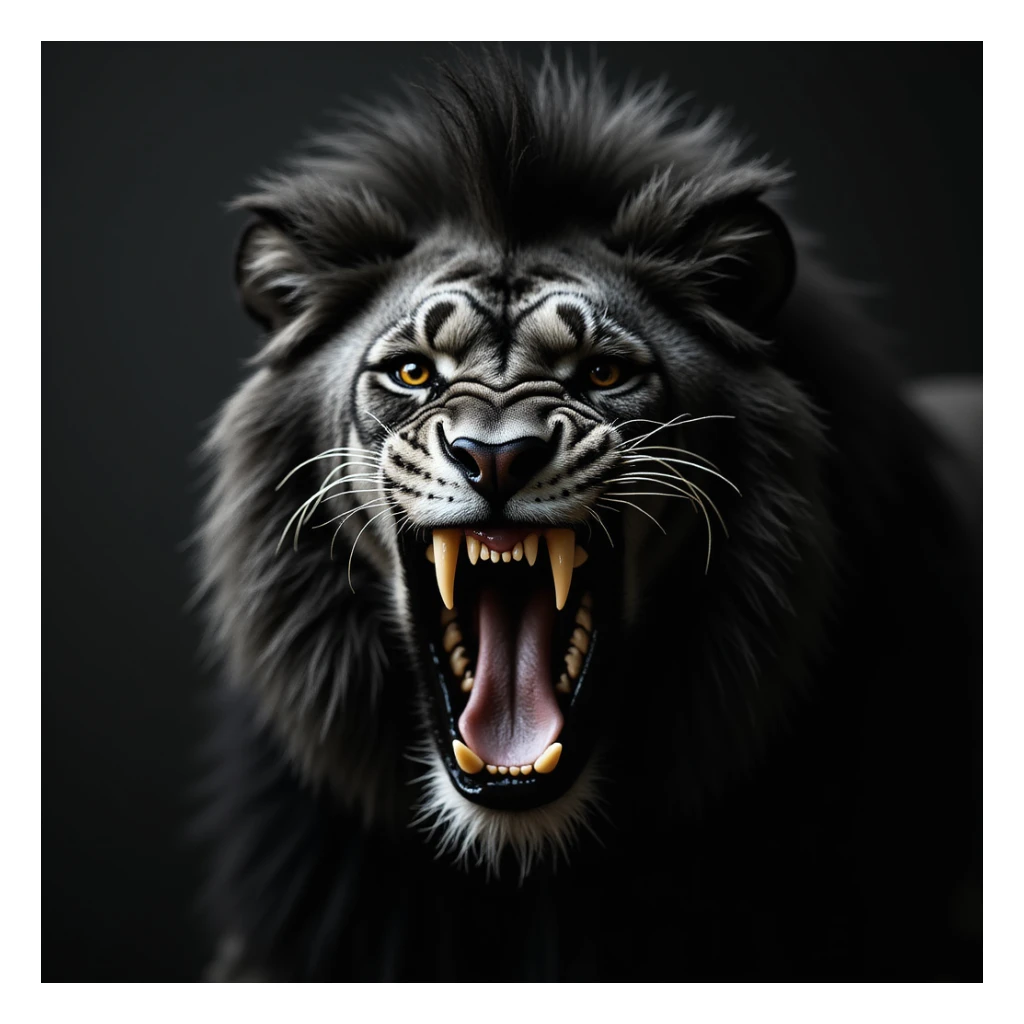 a black lion with a gold tooth, realistic style, roaring sticker