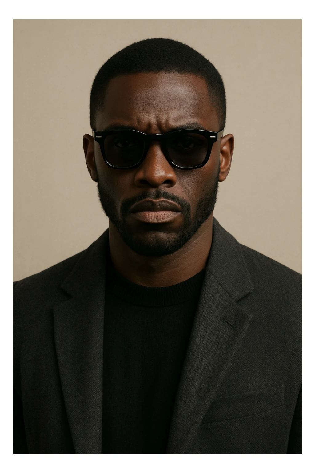 black man with sunglasses, serious expression, fashionable, neutral background sticker