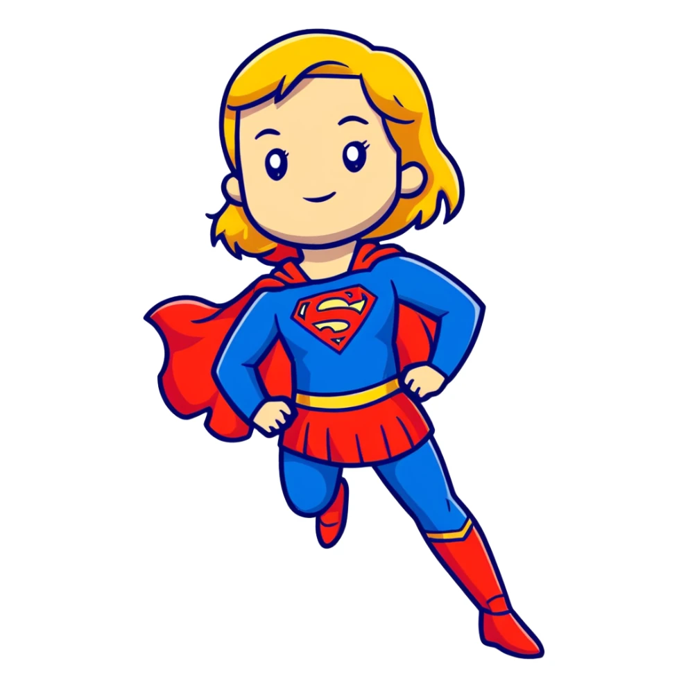 Supergirl superhero full body, blue suit with red cape and S emblem sticker