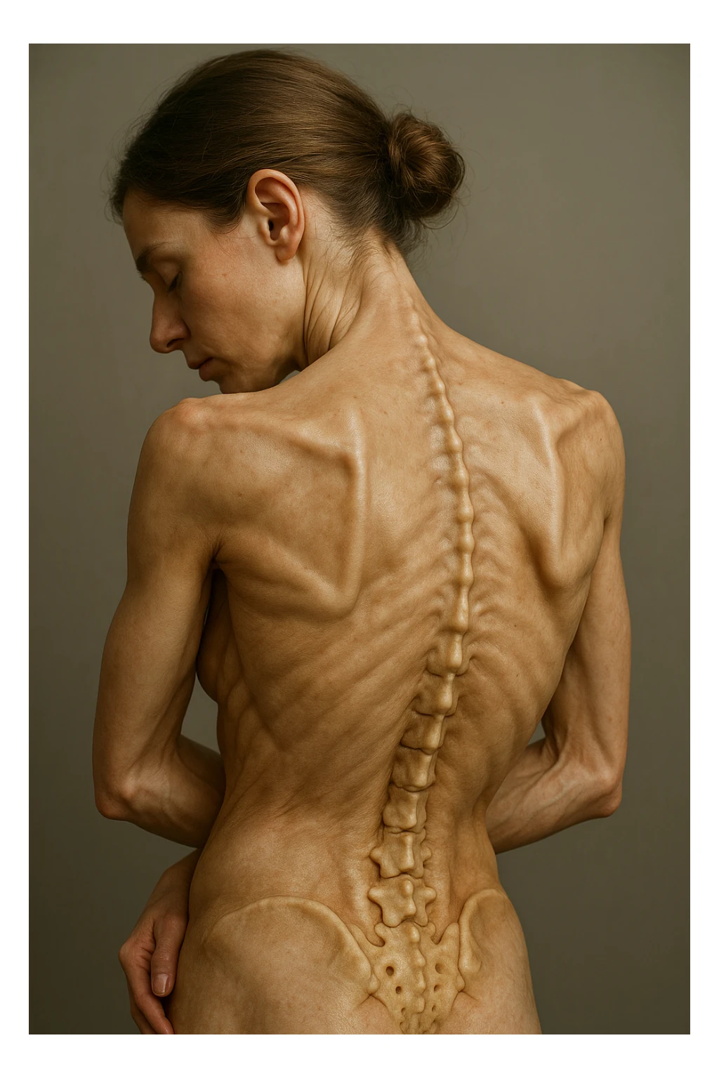 CORPO UMANO ANATOMICO di una donna con spalle chiuse e postura incurvata, spina dorsale in evidenza, IPERREALISTICO 4K sticker