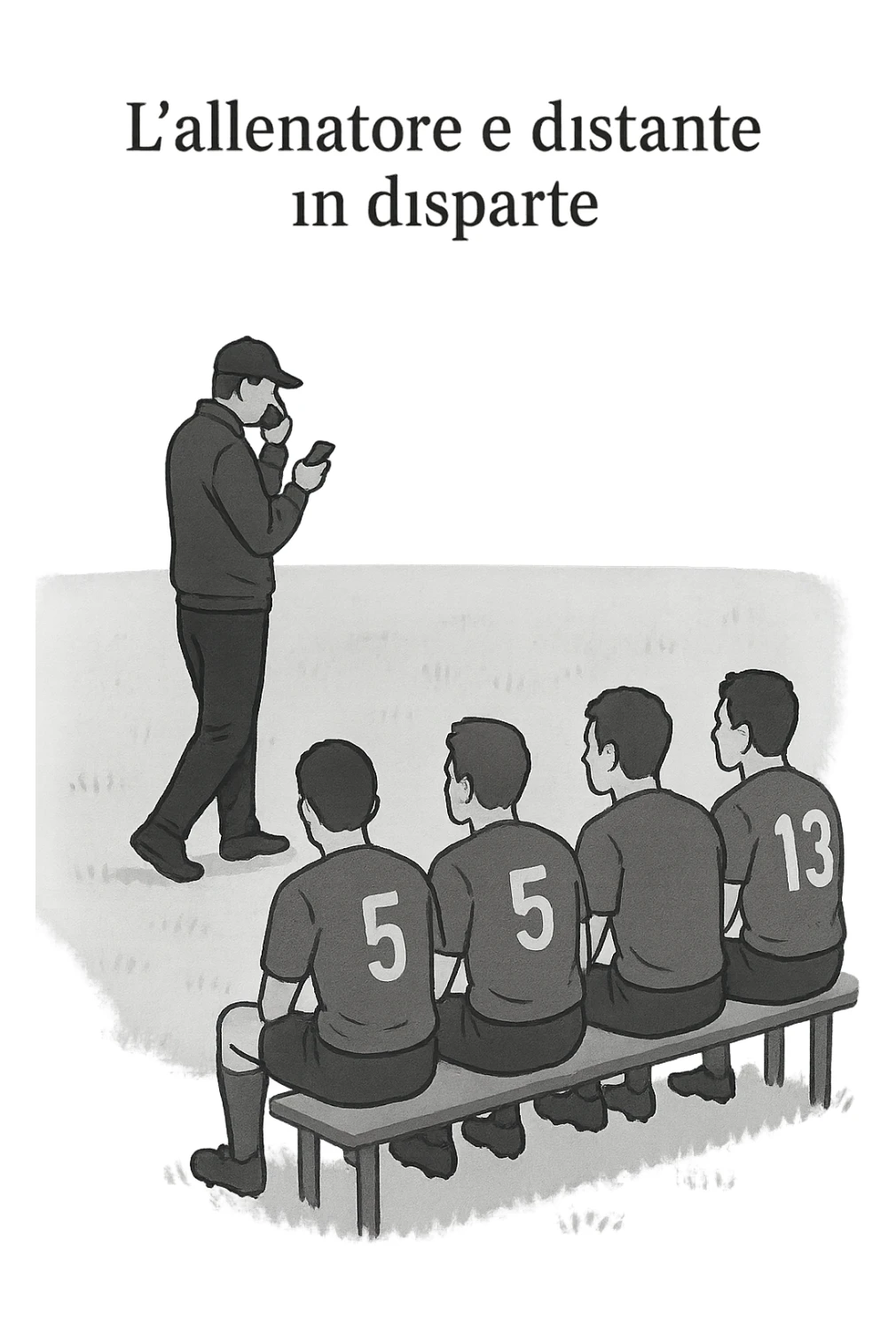 a coach is seen far away on the sidelines, partially turned away from the team or group, engaged in another activity (like reading, texting, or talking on the phone), while the athletes look toward them for support or instruction. The distance between coach and team is visually clear, symbolizing lack of presence. in italiano sticker