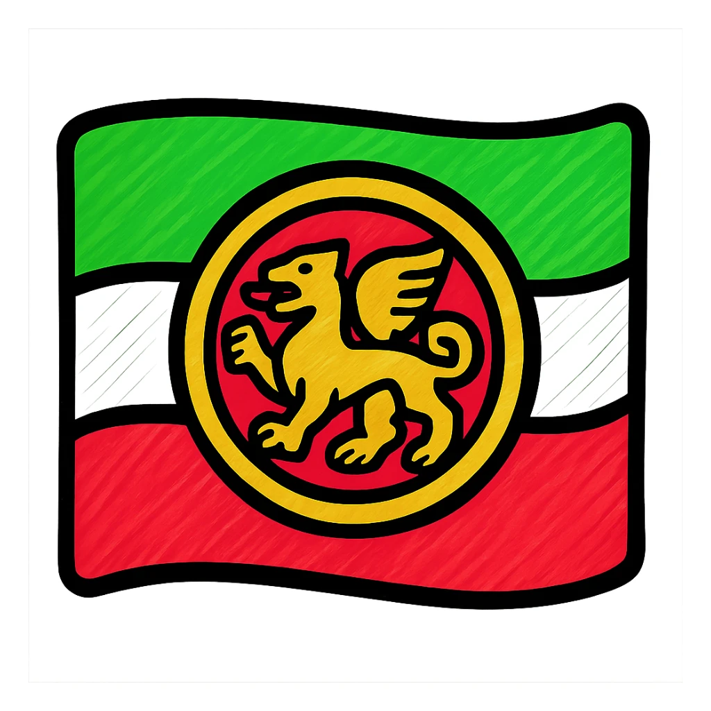 Tatarstan flag, flat design style, minimalist and modern, green, white, and red stripes, golden emblem, clean lines and simple shapes, vibrant and bold colors, national symbol, cultural heritage sticker