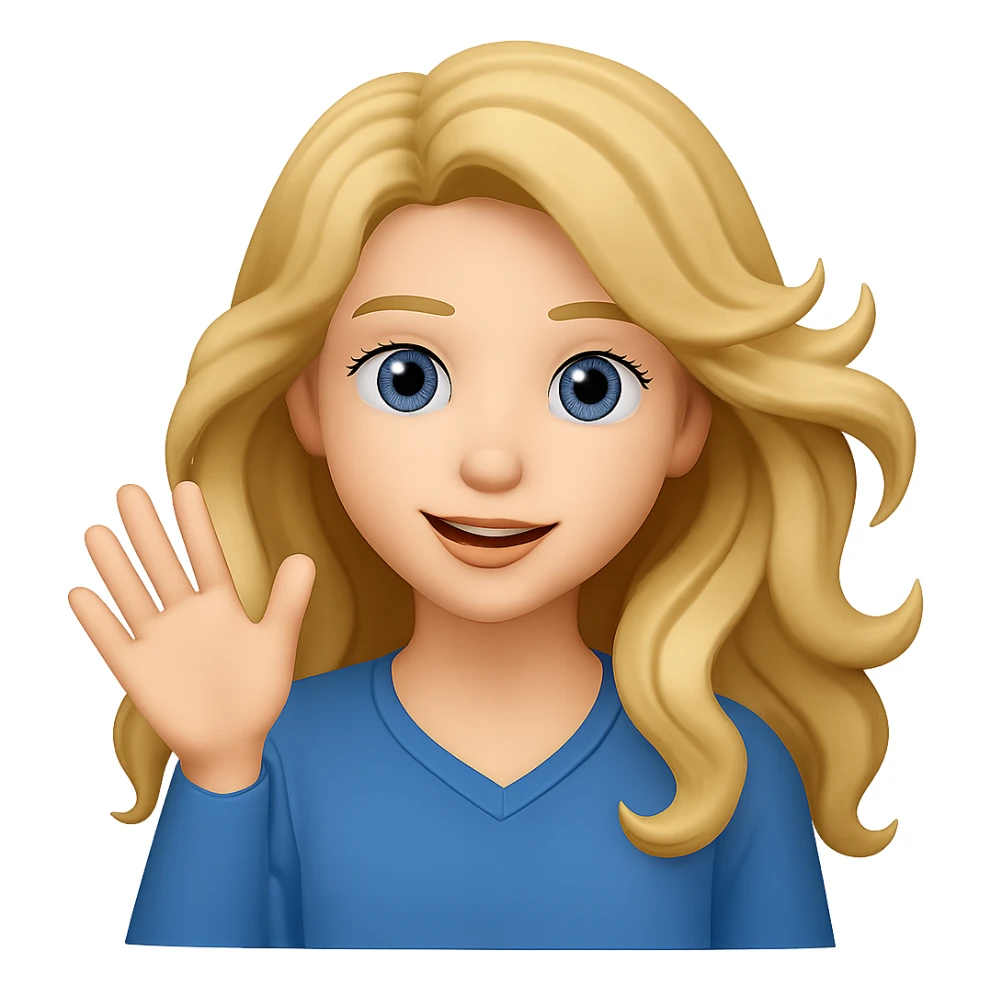 Make her eyes blue, keep her as an 18 year old girl with long, wavy, dirty blonde hair waving, emoji style, with no background sticker