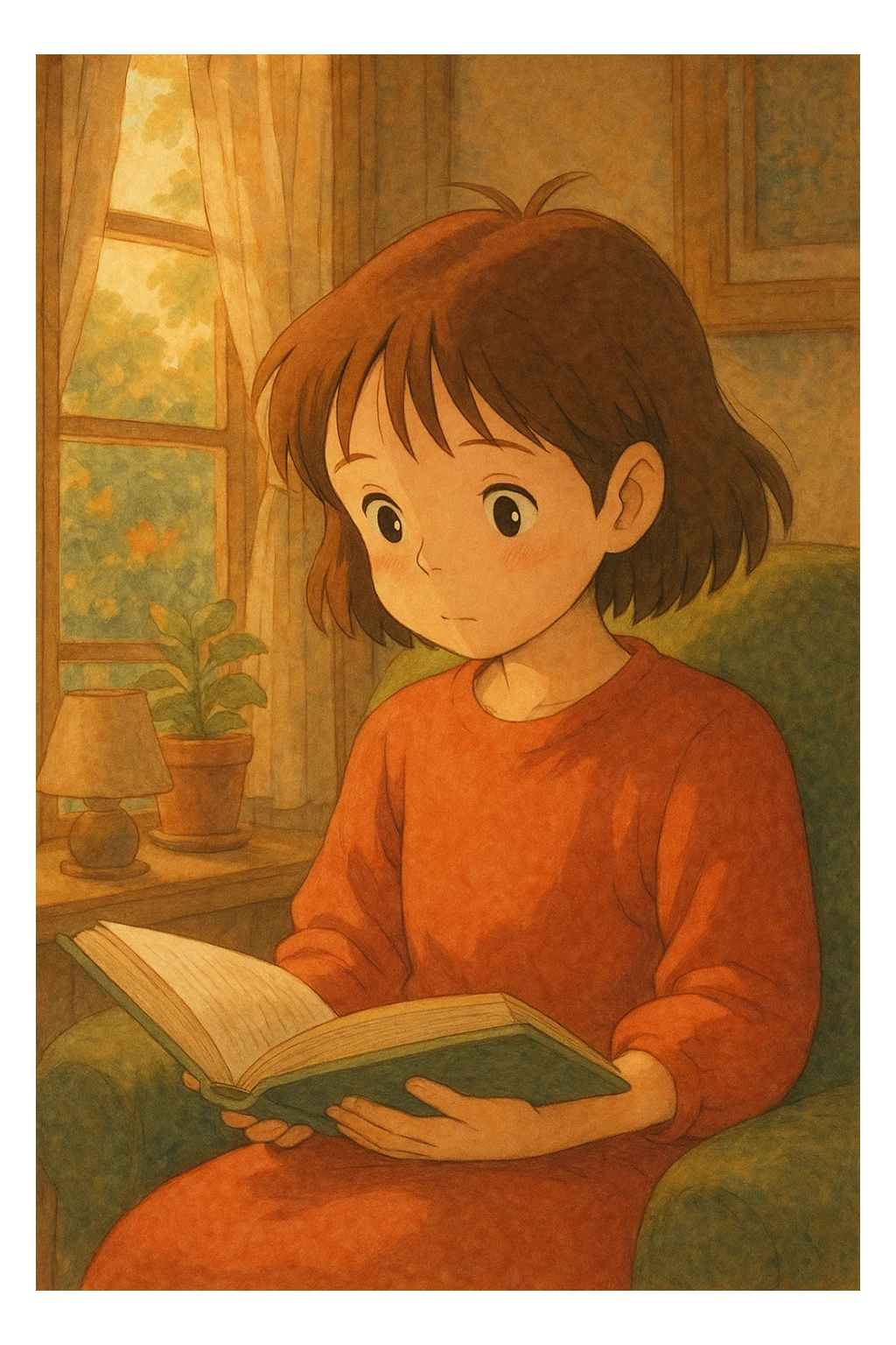 girl reading a book, ghibli-inspired style, soft and detailed sticker