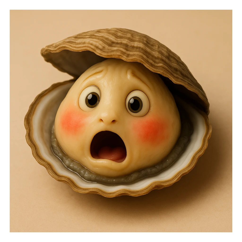 A cute oyster with a shocked expression, open mouth, round eyes, in photorealistic style. sticker