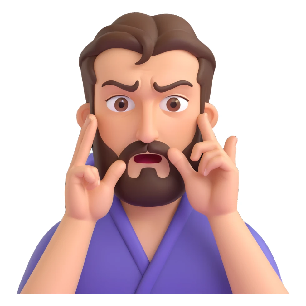 agitated bearded man massaging his temples with index fingers, expressive face, visible stress, clear gesture sticker