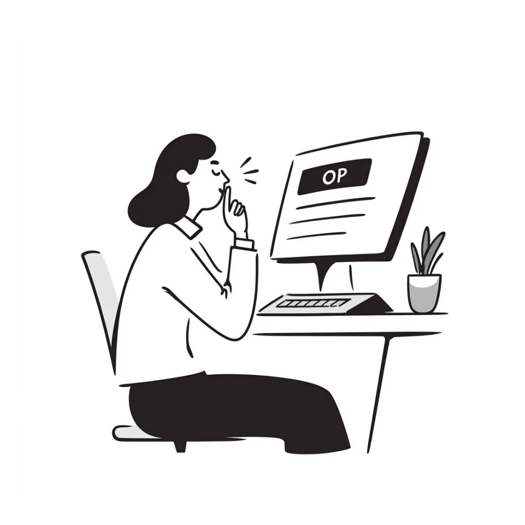 Person with calm expression, breathing deeply, finger hovering over keyboard, email draft visible sticker