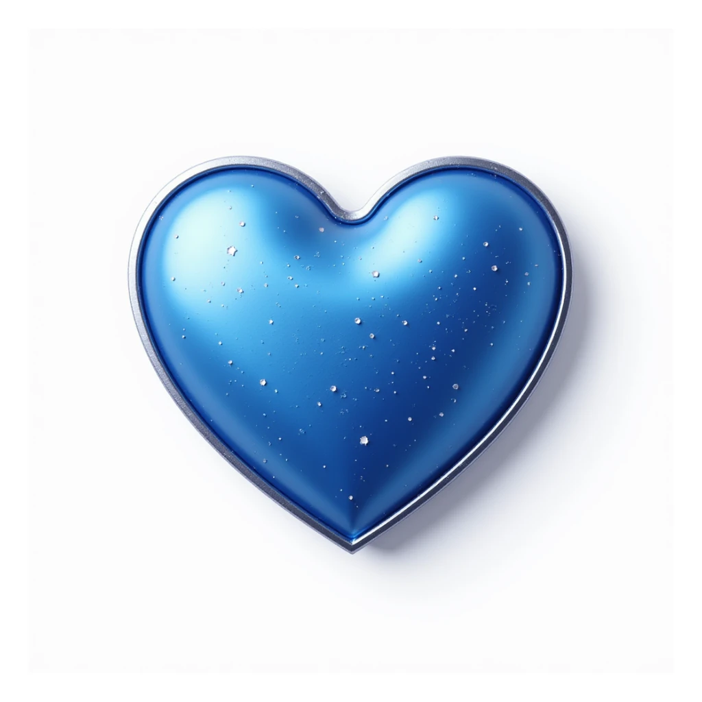 photorealistic blue heart with sparkles and silver outline, realistic drop shadow, white clean background sticker