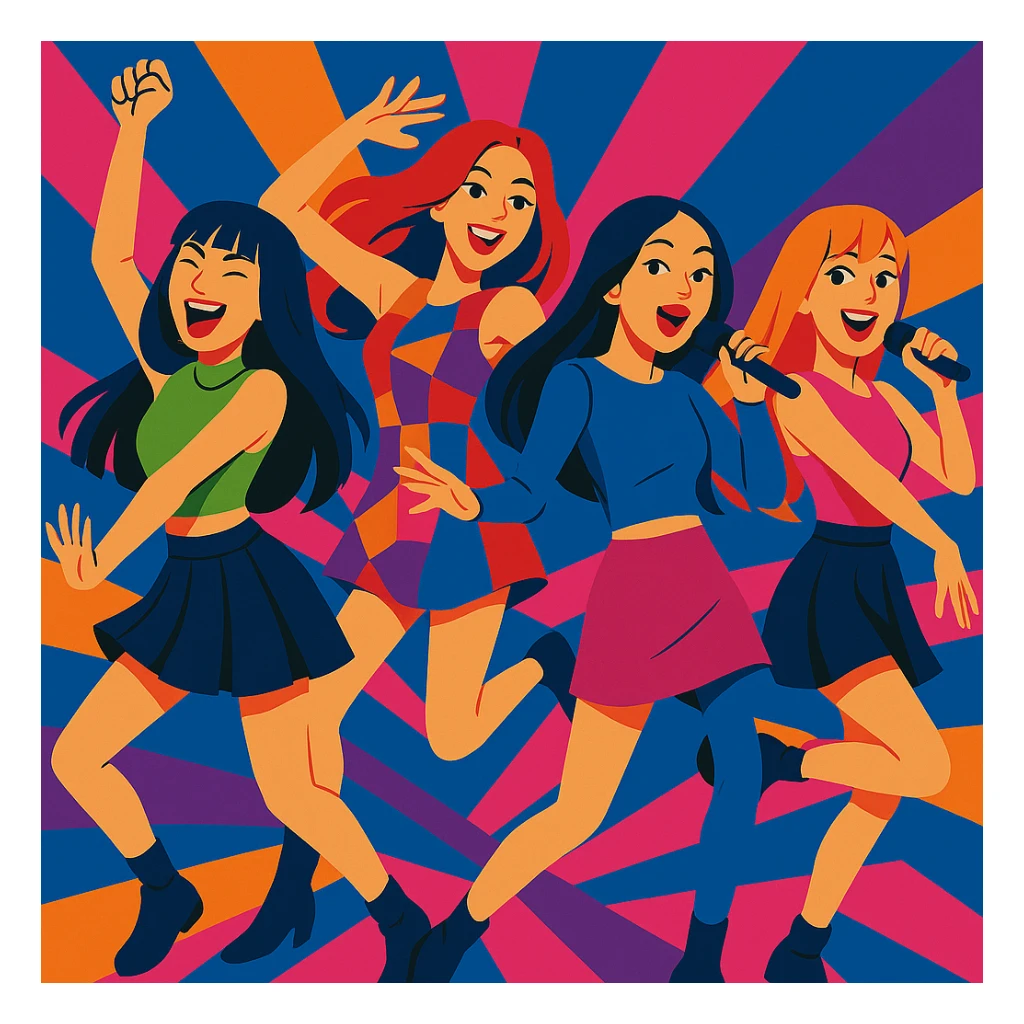 Make the Blackpink group pose even more dynamic, with energetic dance moves and expressive gestures, vibrant toon style sticker
