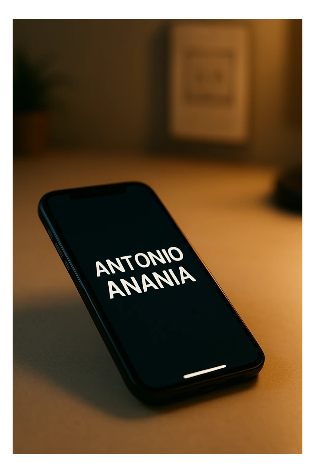 A photo of an iPhone with the message "Antonio Anania" on its screen, The phone sits atop a desk with a blurred background that suggests work environment. A faint glow from above casts gentle shadows across the surface of each object, creating depth and highlighting their textures sticker