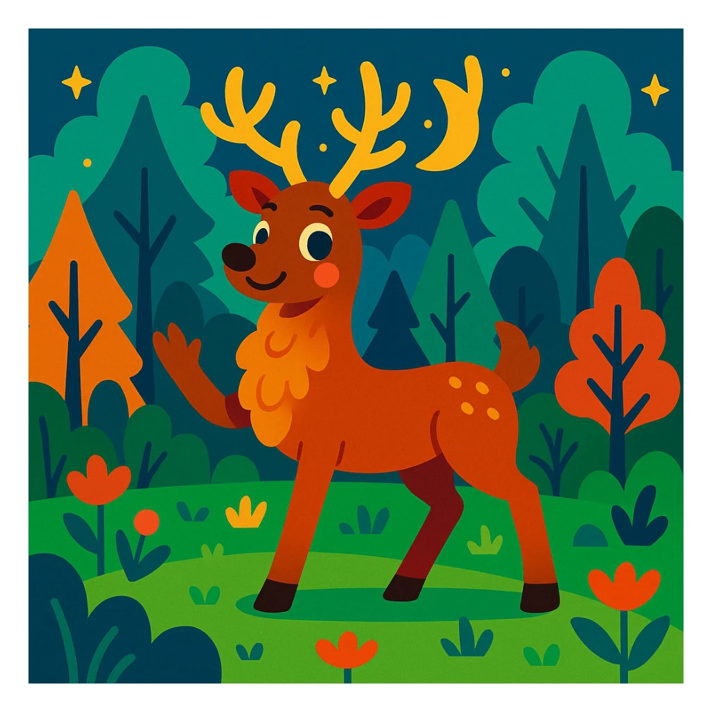 a reindeer-taur, whimsical style, antlers and hooves, magical forest background sticker