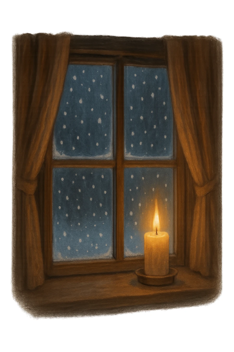 cozy window with snow falling outside, candle on the sill, tranquil sticker