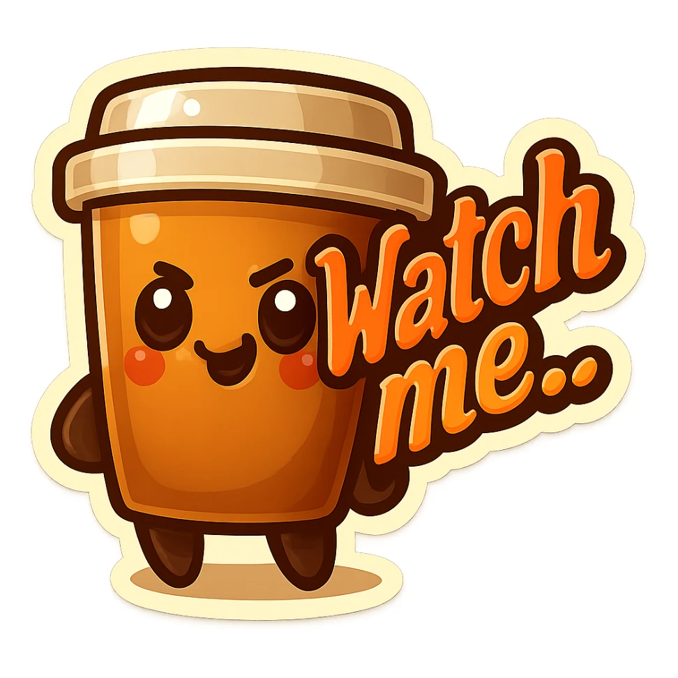 Tall coffee cup, mischievous eyes, "Watch me..." sticker