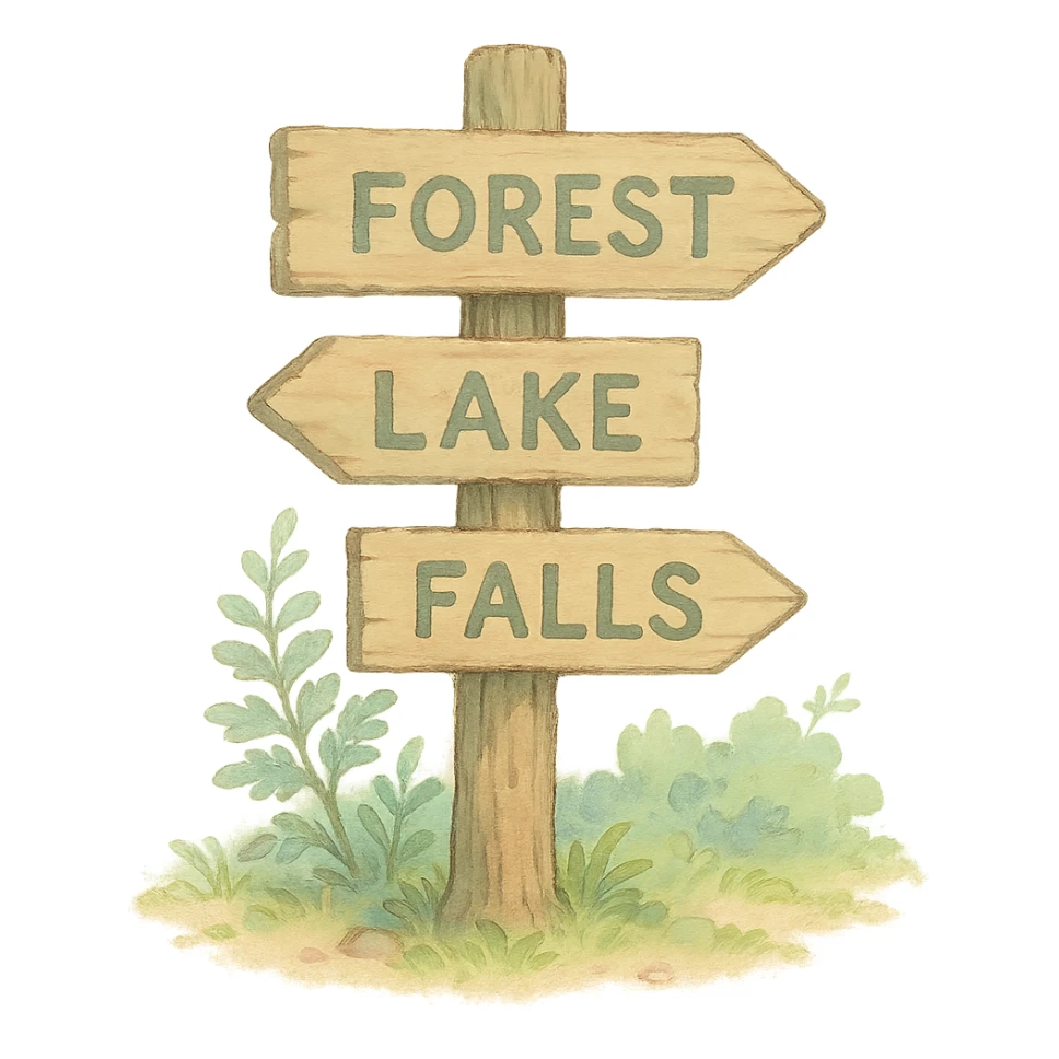 tiny wooden signpost with forest directions, soft pastel colors, ghibli style illustration sticker
