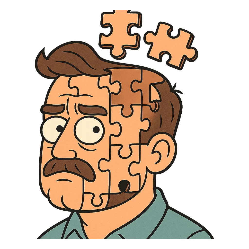 A man's head as a mosaic puzzle, with pieces fitting into his head sticker