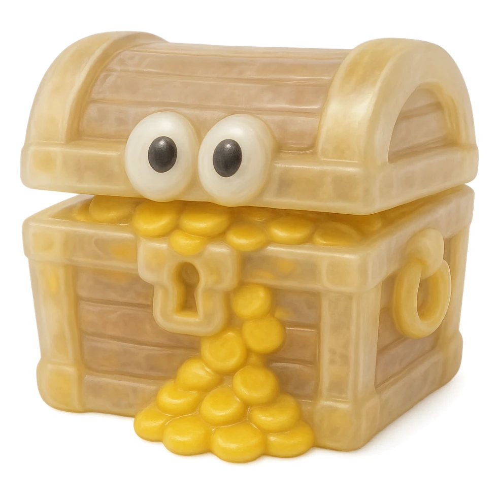 Make the treasure chest even more transparent and slightly see-through, keeping the natural wood and gold colors, in a retro 90's toy style with derpy eyes, soft plastic texture, soft reflections, soft and squishy appearance, some cloudiness, not shiny, highly detailed and appealing. Remove any tags and background. sticker
