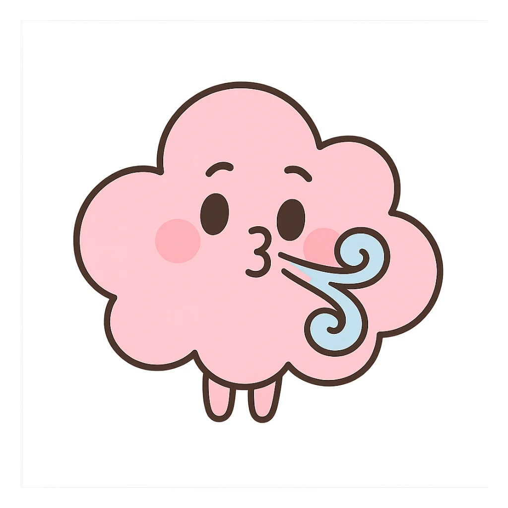 adorable pastel pink cloud, blowing gentle wind, no arms or legs, full body, soft pastel kawaii style sticker