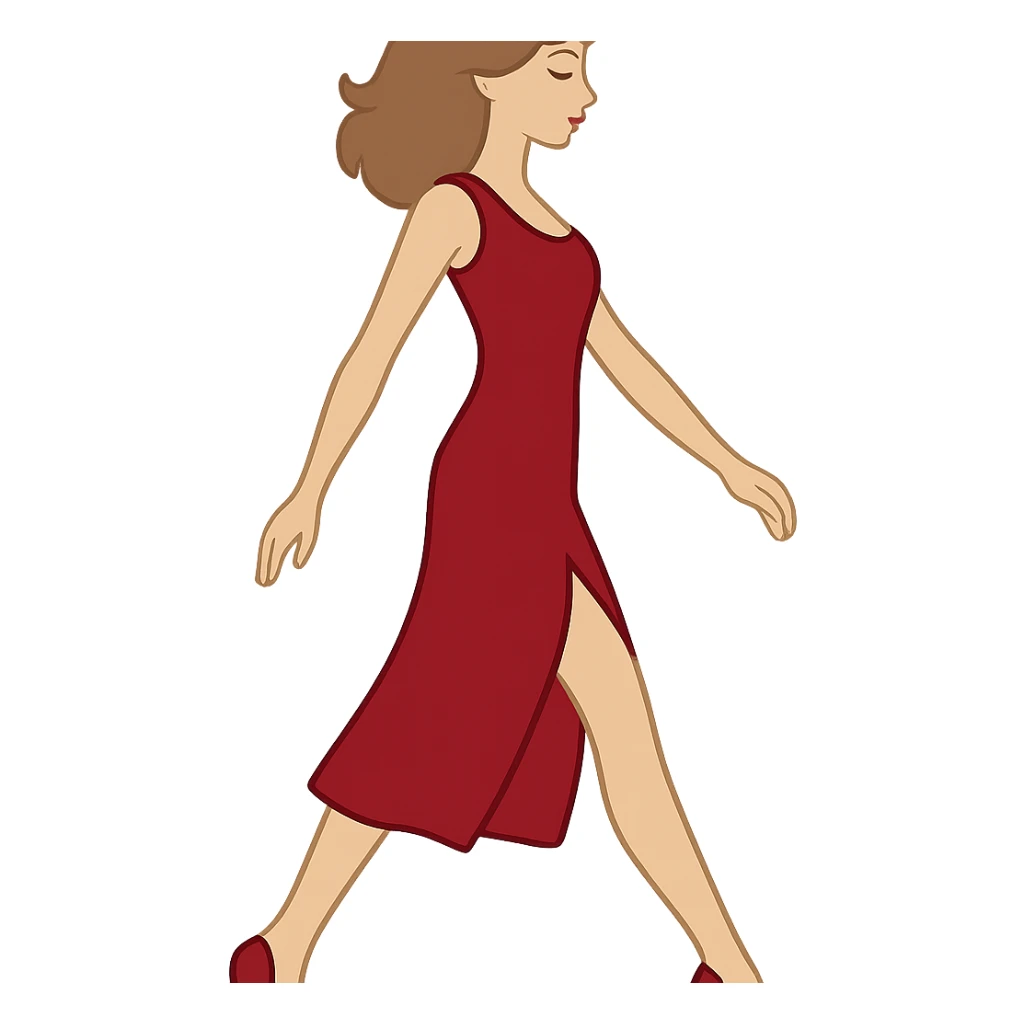 Create an image of the same girl from the first reference (Screenshot_16.png) with the same appearance, hairstyle, red dress, and shoes in the style and color as shown, but with the pose of the arms and legs matching the new sketch (1 (3).png). The background should be transparent. sticker