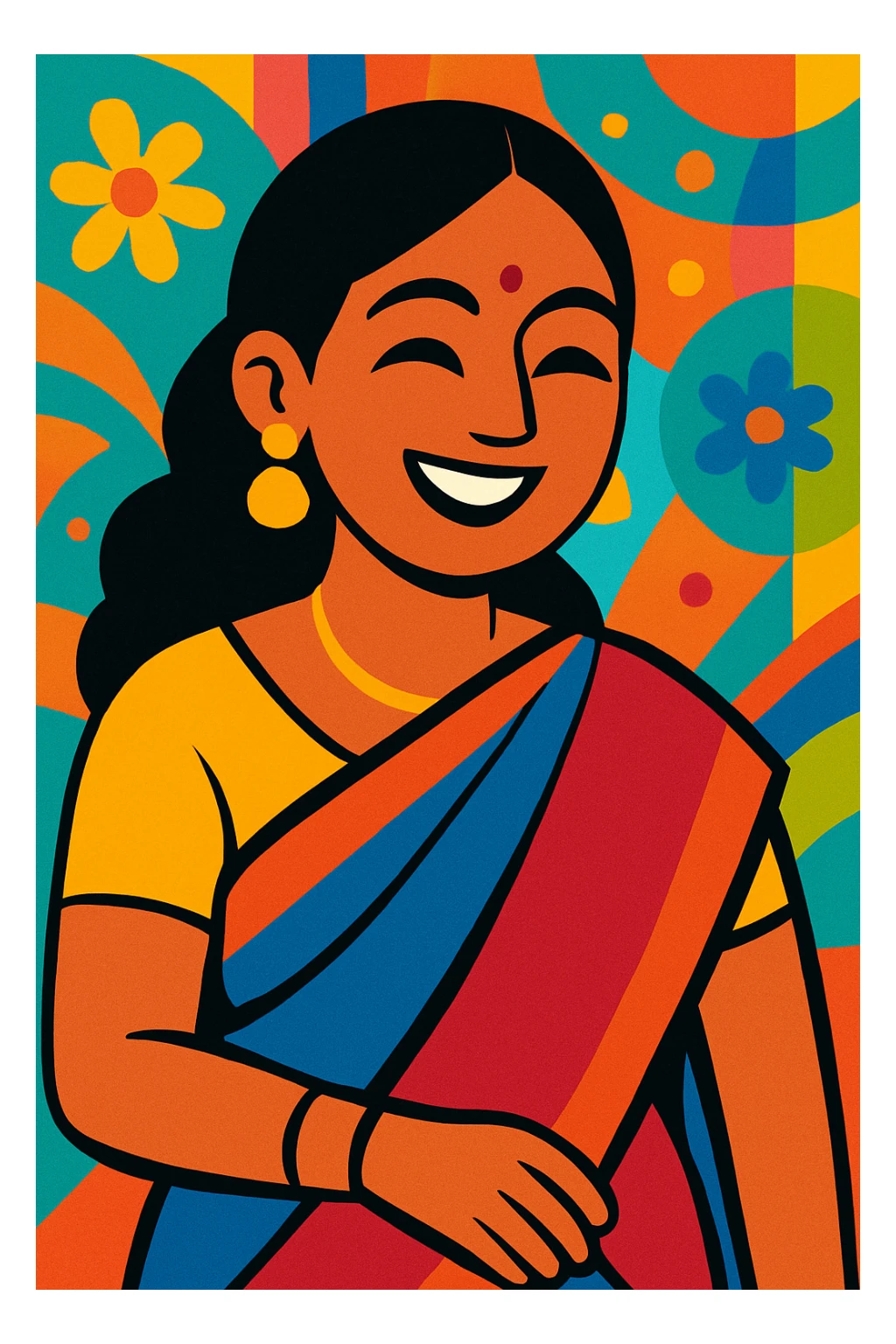 an Indian woman in a saree, smiling, colorful background sticker