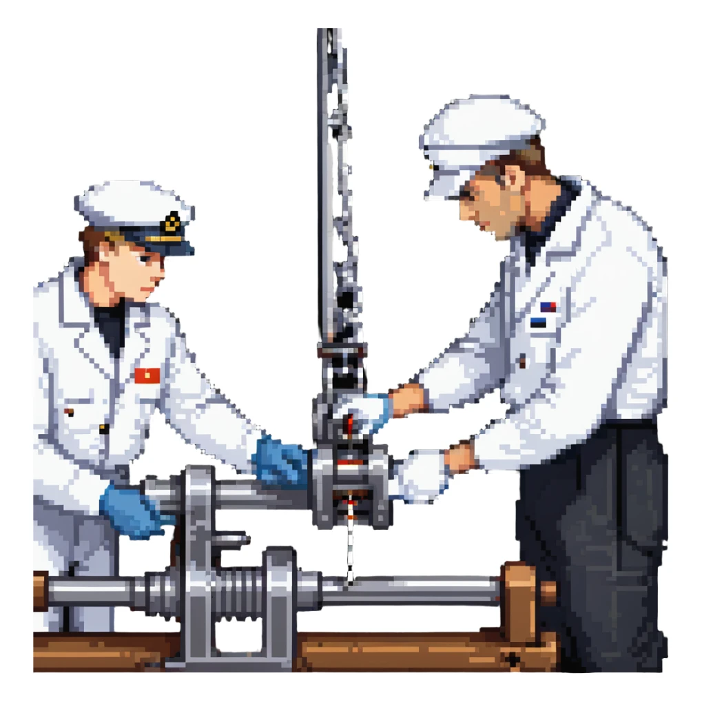 Russian sailor operating winch to collect marine geology samples and scientists in laboratory examining sediment cores sticker