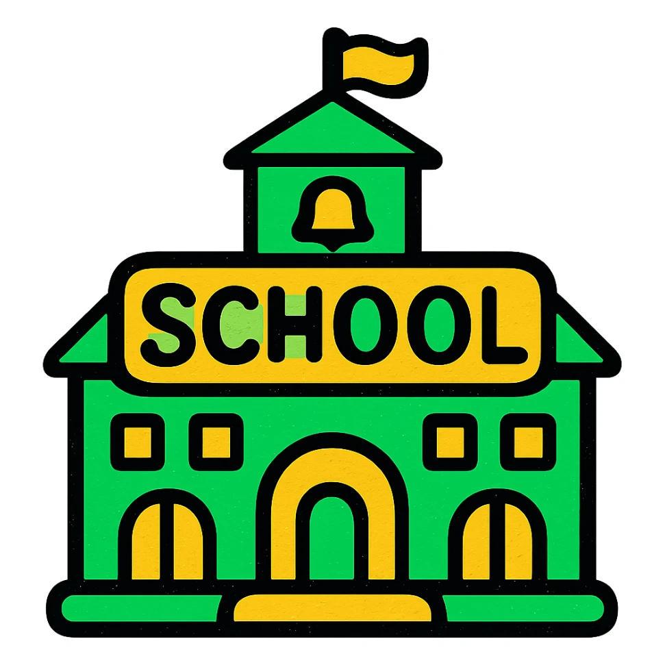 school building, professional style, green gold and white color scheme, bold and clear, suitable for digital use sticker