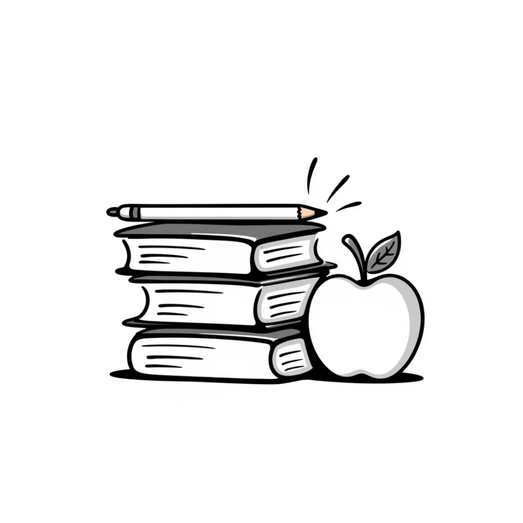 Stack of textbooks with pencil and apple sticker