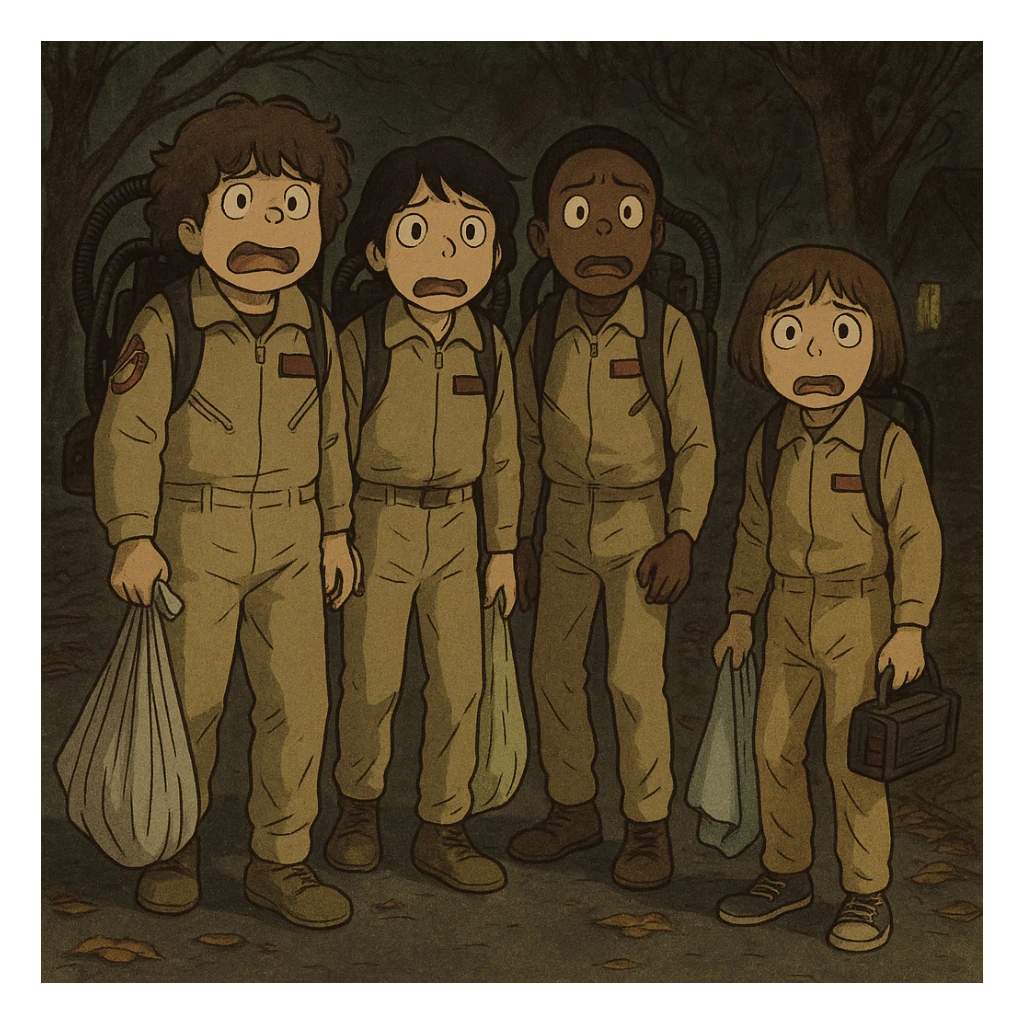 Dustin, Mike, Lucas and Will from Stranger Things dressed as Ghostbusters for Halloween, in Ghibli style with delicate strokes, thick dark contours, colored in pastel tones, with a slightly aged texture. Variation 2: all scared, dark street with fallen leaves. sticker