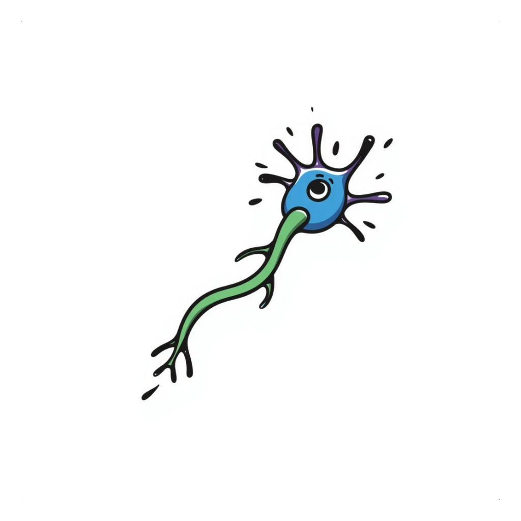 Anatomical neuron illustration with neuroprotective elements: blue cell body (soma), purple dendrites branching out, long green axon with myelin sheath, and protective shield-like aura surrounding the entire neuron. Hand-drawn detailed scientific diagram with glowing protective barrier. sticker