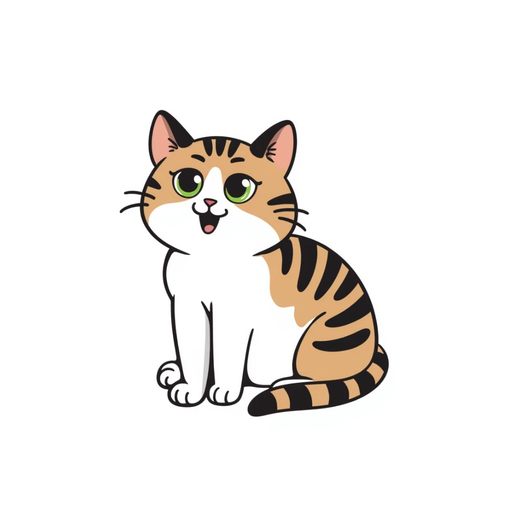Brown, white, and black tabby cat with green eyes sitting to show its white belly, hand-drawn style sticker