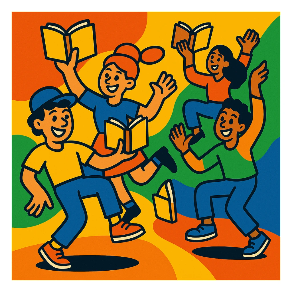 Group dance with a group performing dance moves with open books, smiling, lively and fun atmosphere, vibrant and playful style sticker