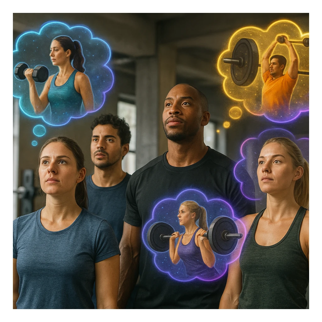 realistic style, group of people imagining training with weights, visual effects representing their thoughts, 2:3 aspect ratio sticker