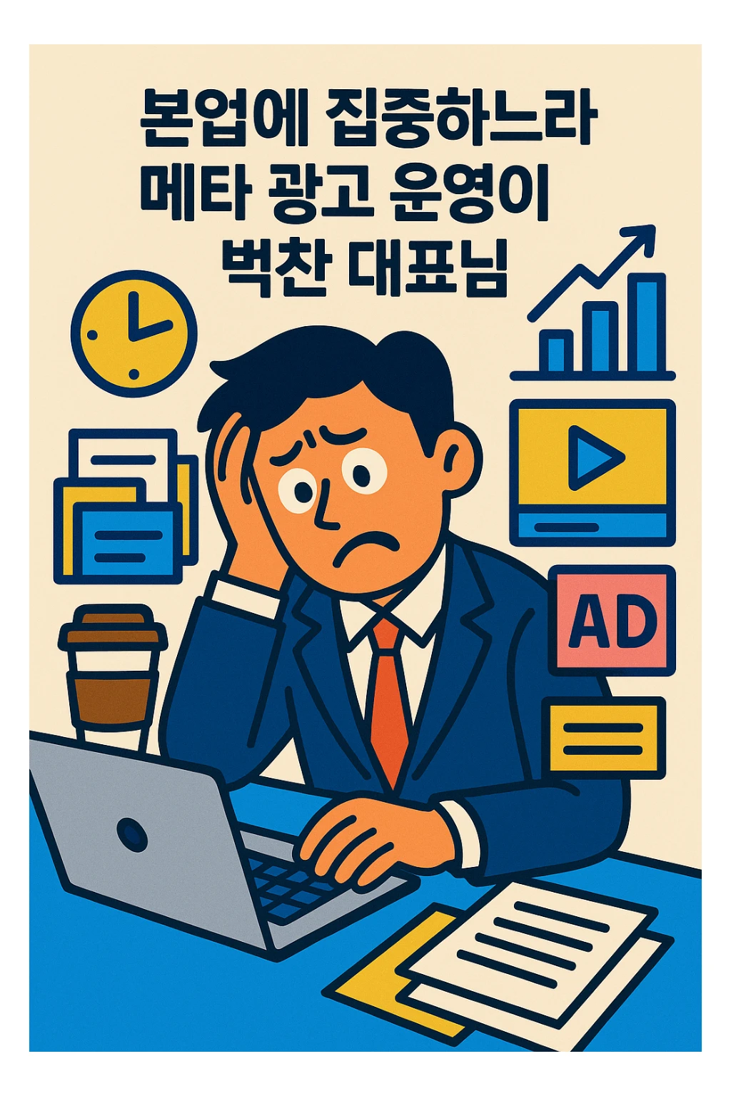 A busy business owner looking stressed, surrounded by work and digital ads, with a worried expression, in a relatable, modern illustration style, Korean text: '본업에 집중하느라 메타 광고 운영이 벅찬 대표님', simple background sticker