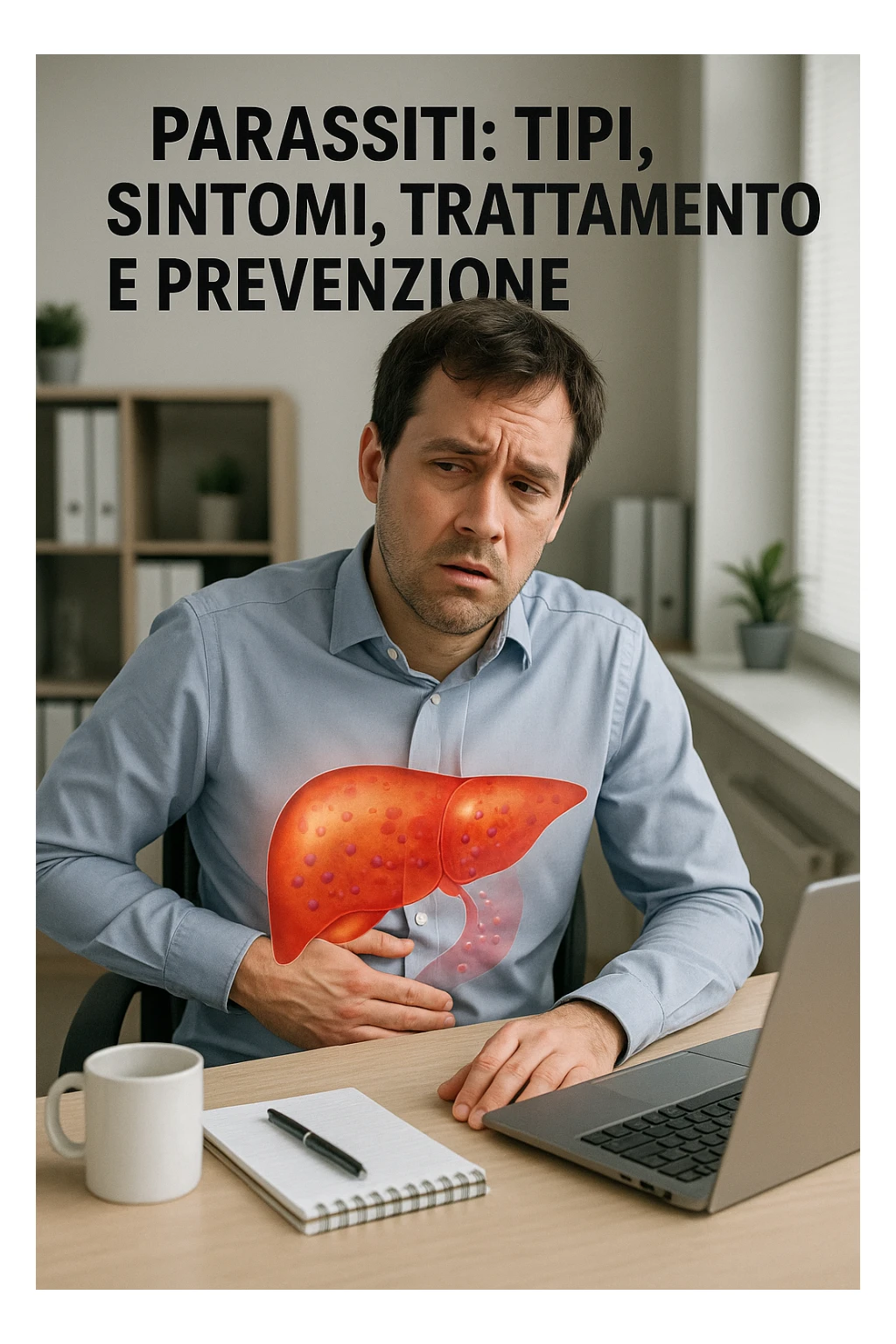 Man sitting at office desk experiencing subtle symptoms of liver dysfunction, upper abdominal pain, nausea, and unexplained fatigue Parasites: Types, Symptoms, Treatment & Prevention, expression of confusion about vague health issues, liver shown in transparent overlay with early inflammation, toxins beginning to accumulate in bloodstream, productivity declining as liver struggles to filter properly in italiano sticker