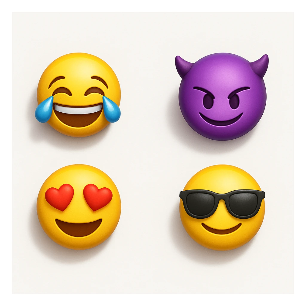 make four emojis on white background with good amount of shadow, four emojis of smiley's only. one laughing, second heart eyes, third purple devil and four black glasses emojis  sticker