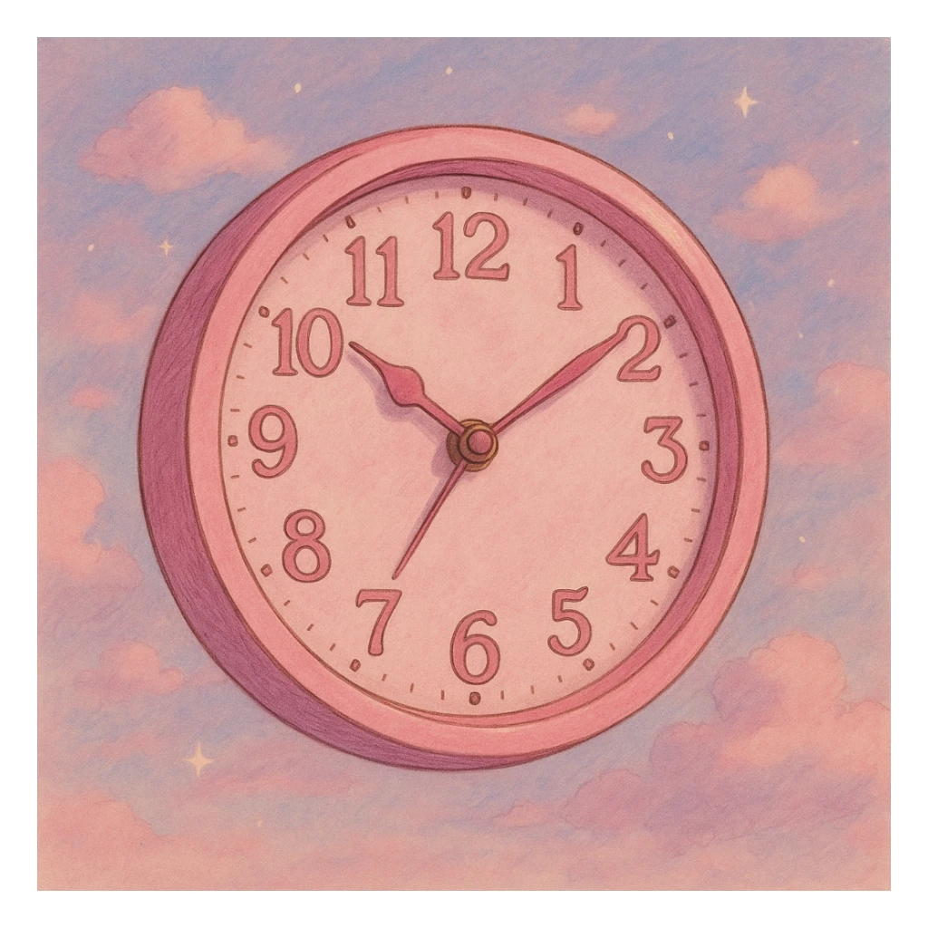 aesthetic pink clock in ghibli style, dreamy and whimsical with subtle background sticker