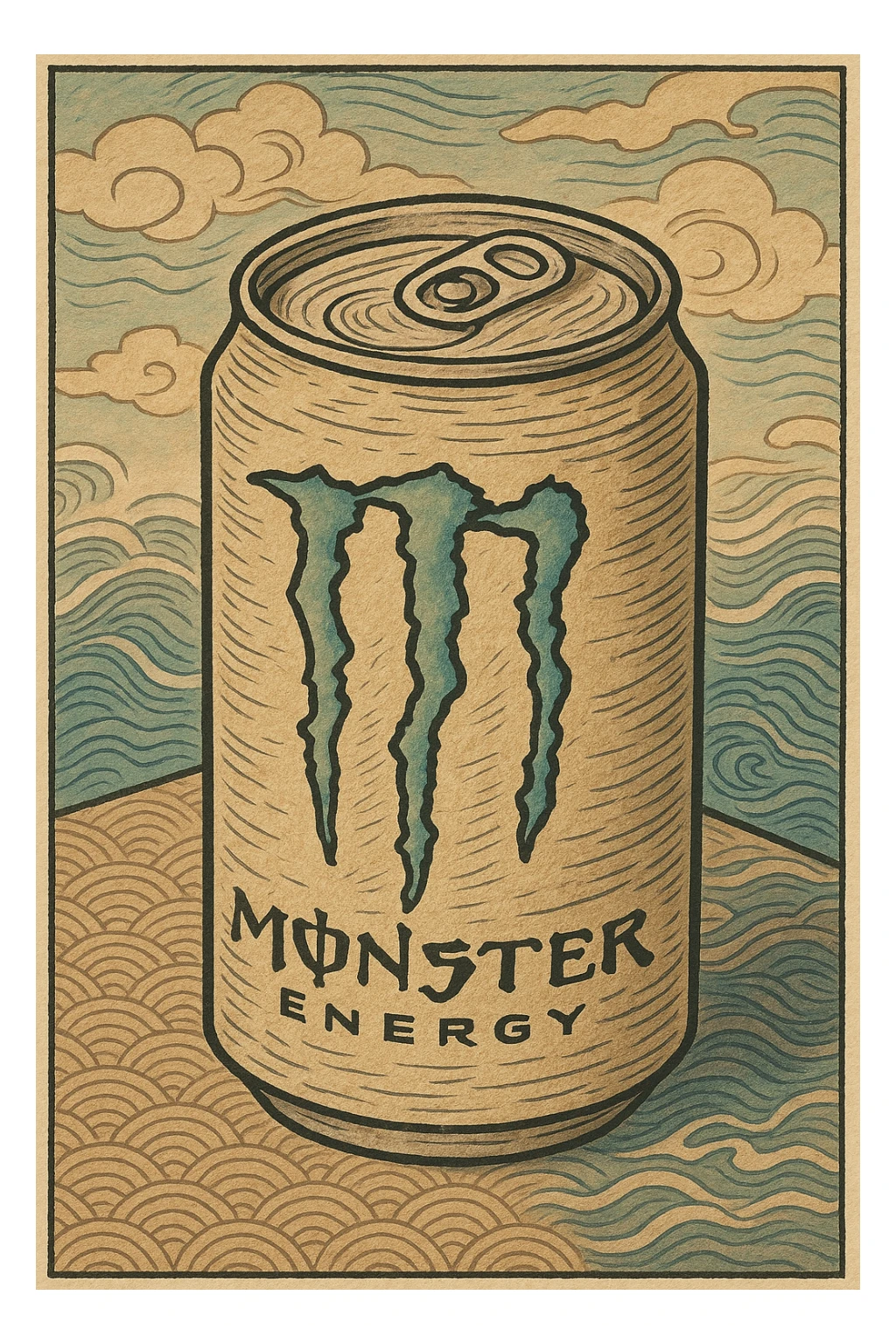 monster energy drink can, ukiyo-e inspired cartoon illustration style, traditional Japanese woodblock print look sticker