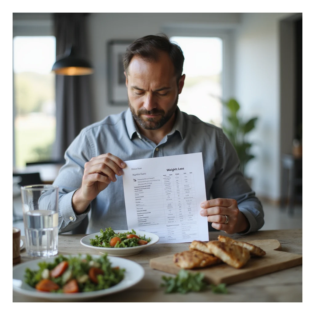 realistic image of a man following a personalized nutritional plan for weight loss, sitting at a table with salad, grilled chicken and water, consulting a printed nutritional chart, modern home environment, bright and motivated atmosphere sticker