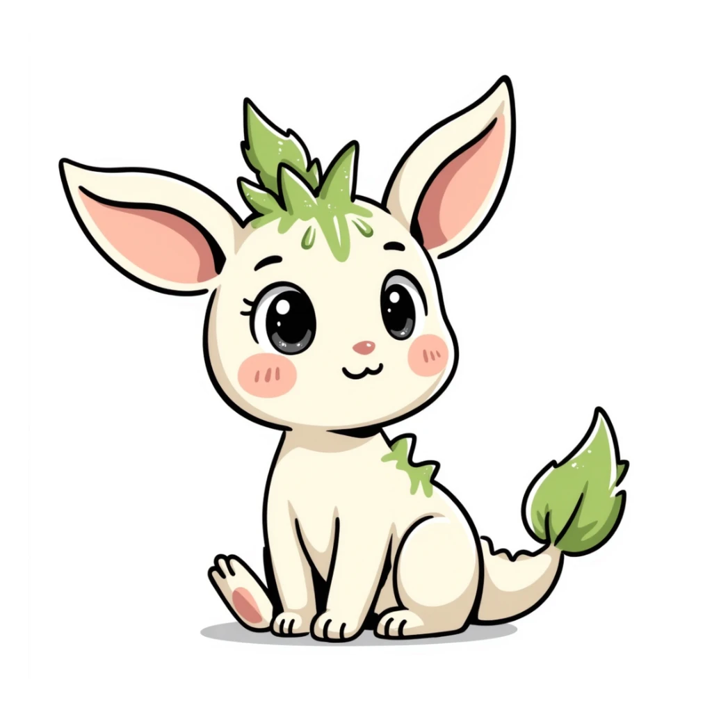 Kawaii bunny plant dragon with tiny spikes, extremely cute, giant sparkly eyes, blushing cheeks, pastel colors, small mouth, adorable expression, colored pencil texture, visible pencil strokes, soft blending, textured shading sticker