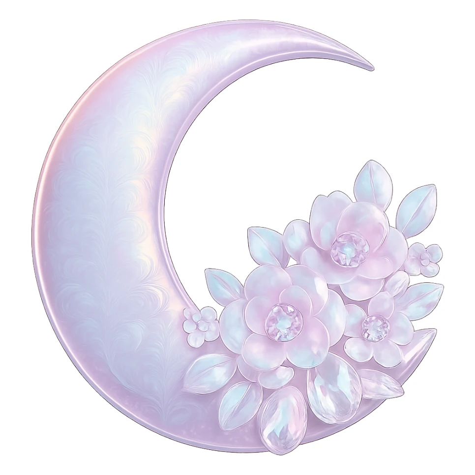glossy Pastel iridescent floral shiny crystal crescent damask moon, remove background sticker