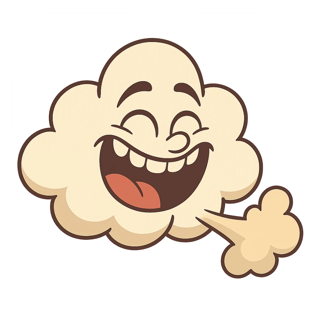 a puffy cloud with expressive eyes and a huge grin, representing a laughing fart sticker