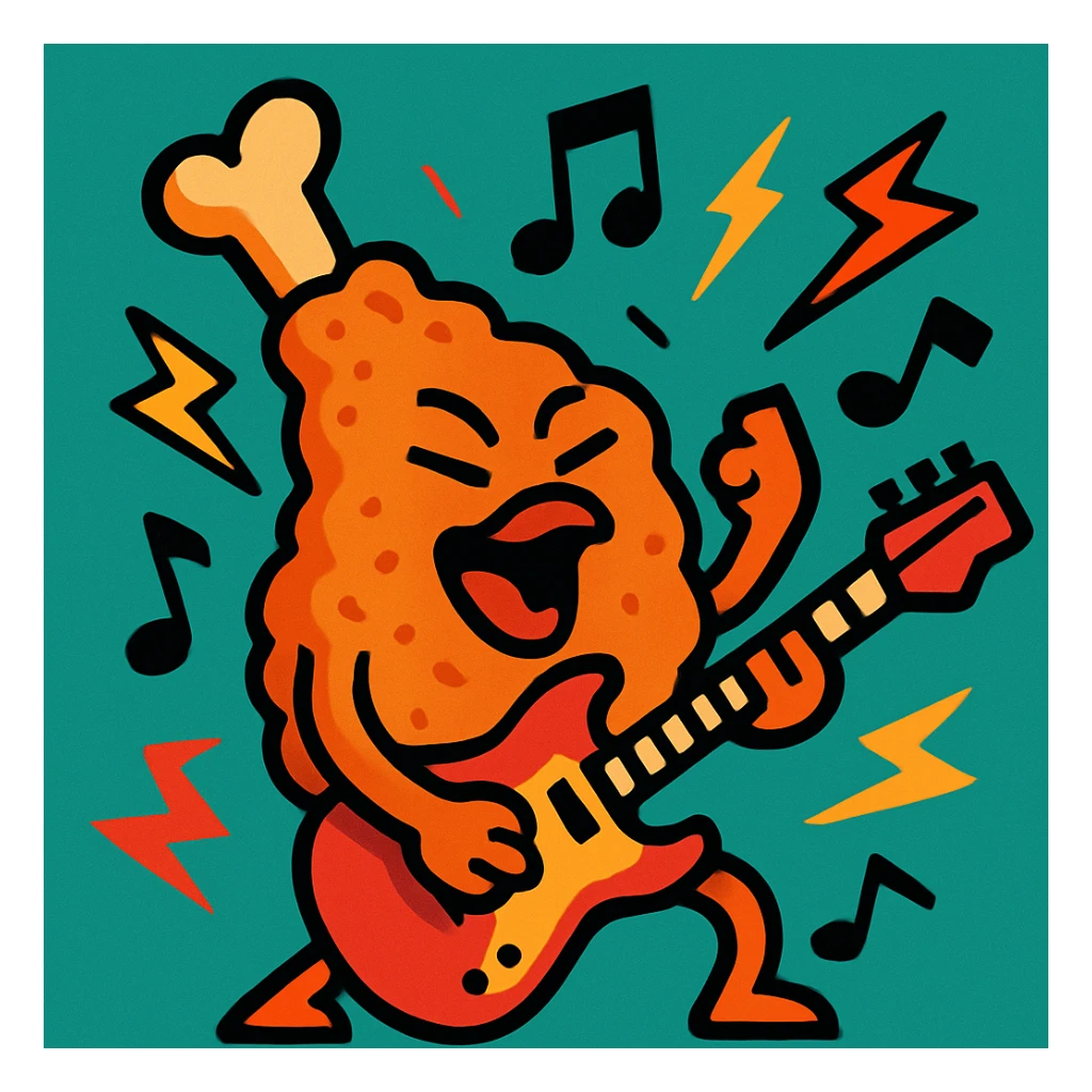 fried chicken with rock music elements like guitar and music notes, energetic style sticker
