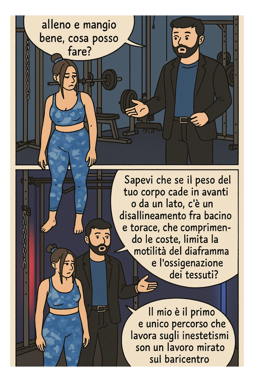 TRASFORMA QUESTO CAROSELLO IN UN FUMETTO CON QUESTE DUE PERSONE IDENTICHE CHE INTERLOQUISCONO TRA LORO:

LEI: Ho la cellulite anche se mi alleno e mangio bene, cosa posso fare?

LUI: Hai controllato il tuo baricentro corporeo?
LUI: Sapevi che se il peso del tuo corpo cade in avanti o da un lato, c’è un disallineamento fra bacino e torace, che comprimendo le coste, limita la motilità del diaframma e l’ossigenazione dei tessuti?
LUI: Il mio è il primo e unico percorso che lavora sugli inestetismi con un lavoro mirato sul baricentro corporeo. sticker