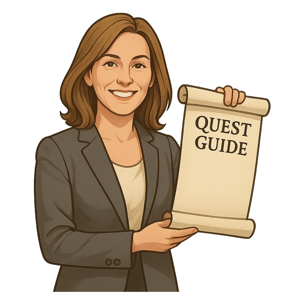 confident female mentor with shoulder-length light brown hair, smiling, in smart blazer and blouse, holding a scroll as quest guide sticker