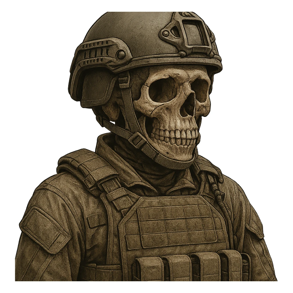 skull with a tactical vest and army helmet, modern military style, no background sticker
