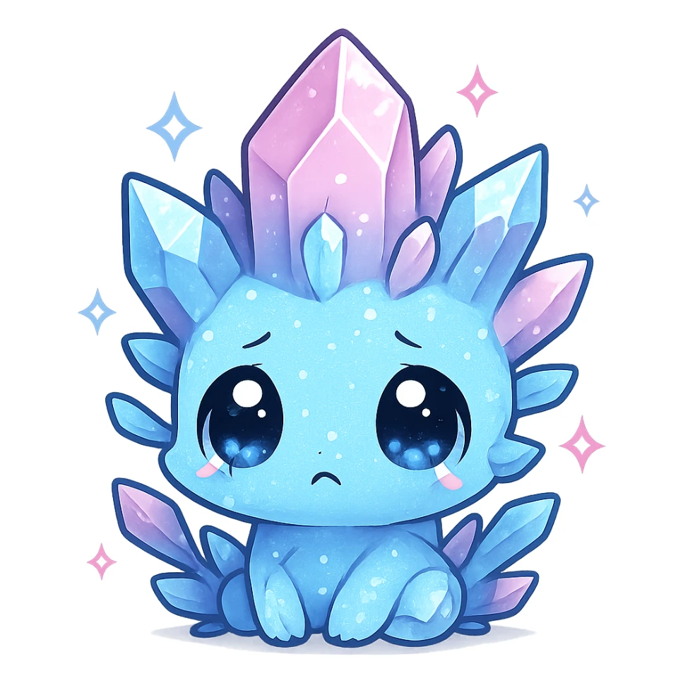 chibi kawaii crystal sprite creature, blue and pink crystals, big sad eyes, sparkling, cute and tiny sticker
