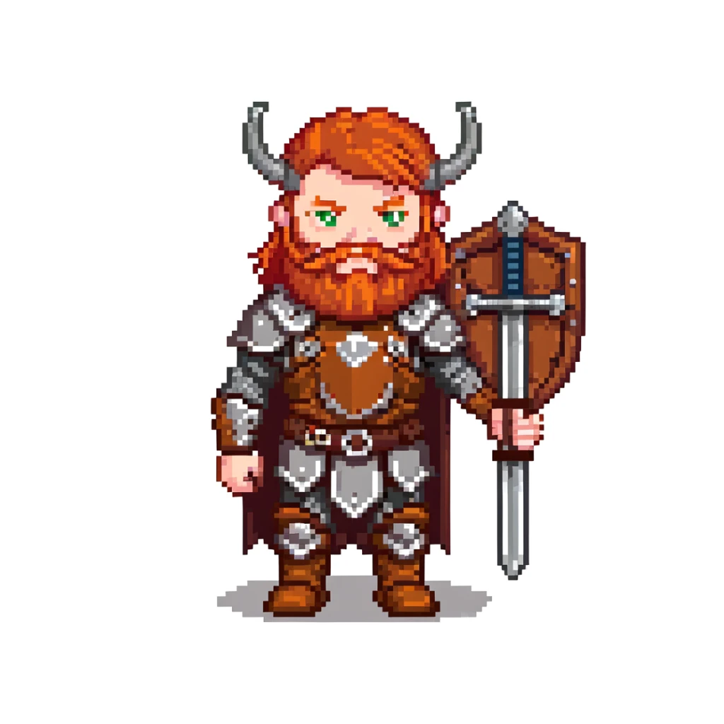 ginger viking with red hair and beard, leather and metal armor, shield and sword sticker