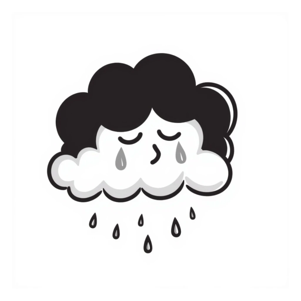 hand drawn doodle of a cloud with emo hair and sad expression sticker
