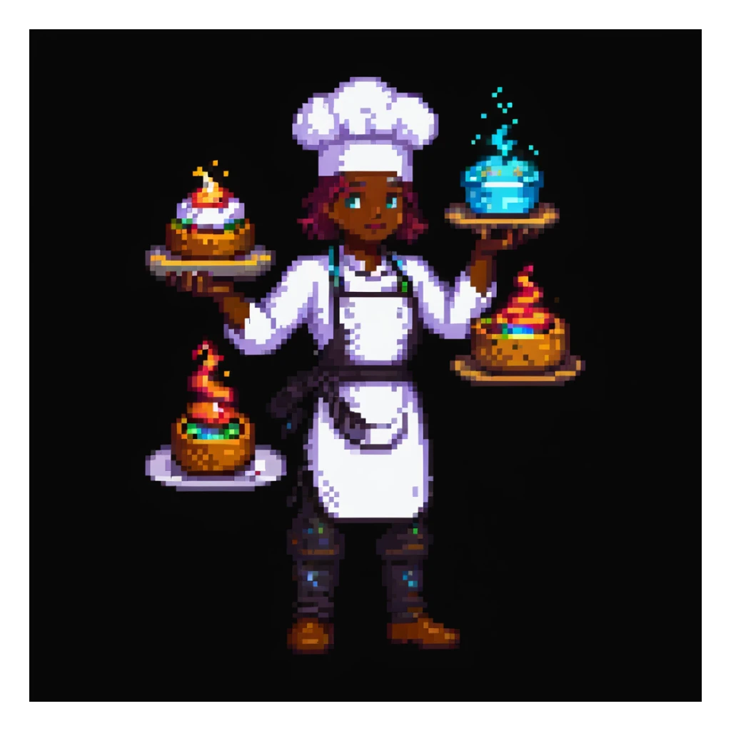 Portrait of a transcendent baker with shifting forms and layered outfits from different realities, glowing with epic energy, skeuomorphism style sticker