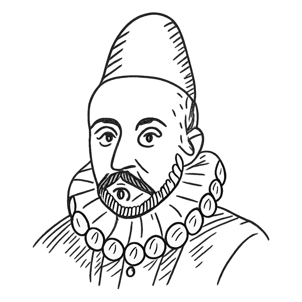 a hand drawn black outline portrait of philosopher Montaigne with similar-sized eyes based a famous portrait of him sticker