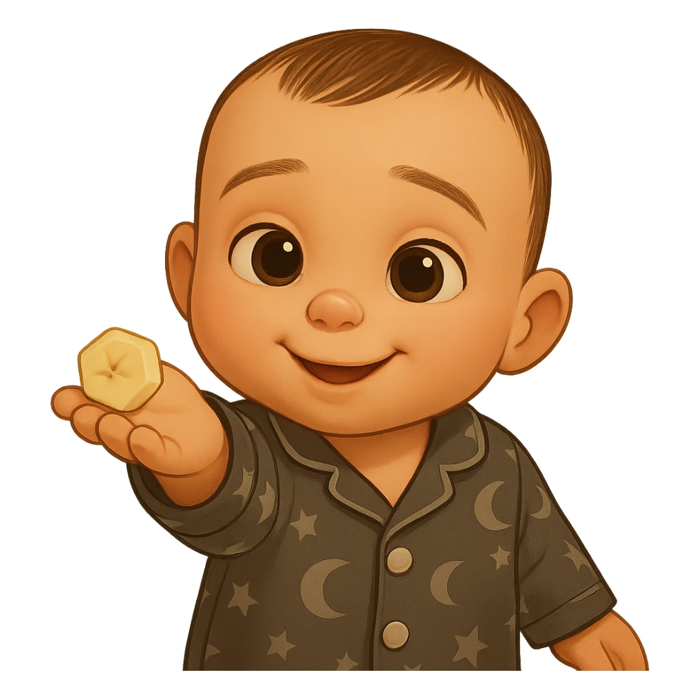 Transform the child from the reference image into a gentle 3D cartoon sticker style reminiscent of DreamWorks and Pixar, with soft 3D illustration qualities. Preserve the child's unique appearance, pose, facial expression, and the piece of banana in hand. Use softer, more natural colors matching the reference image, avoiding overly saturated tones. Remove the background, keep all details, and maintain the emotion of sharing in the image. sticker